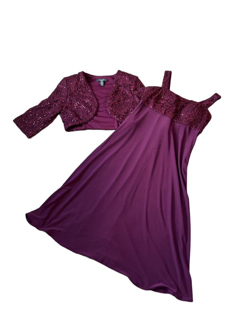 R&M Richards Burgundy Sequin Petite Dress & Bolero Jacket Set SIZE 4P